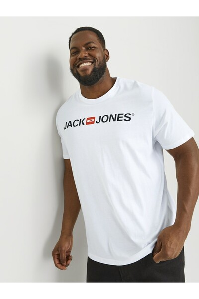 Jack & Jones Men's White Jjecorp Logo Tee Ss Crew Neck Noos Pls Plus Size T-Shirt 12184987-White