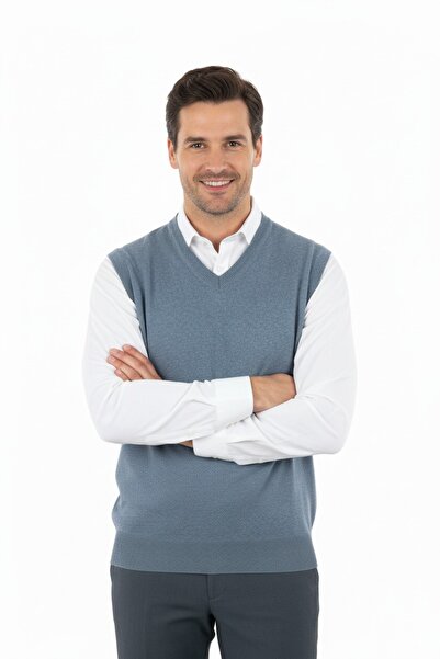 Oppland Men's V-Neck Solid Color Classic Model Comfortable Cut Full Pattern Thin Wool Woven Sweater