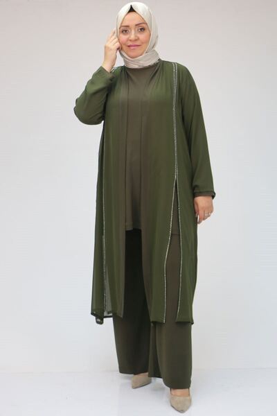 Eslina F-47307 Large Size Stone Printed Three-Piece Set - Khaki