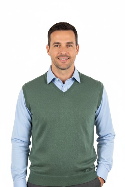 Oppland Men's V-Neck Solid Color Classic Model Comfortable Cut Full Pattern Thin Wool Woven Sweater