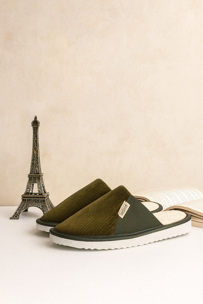 STOCON Unisex Velvet Fabric Leather Detailed Home Slippers Ribbed Fabric Home Slippers Dowry Bundle Slippers Stc1154