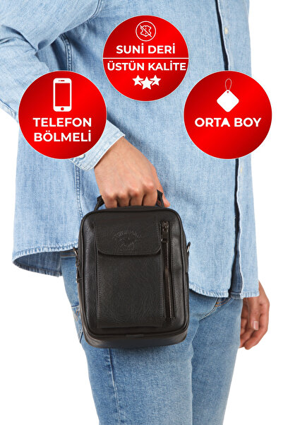 CERFF LEATHER CLUP حقيبة يد وكتف من الجلد الصناعي باللون الأسود مع حجرة للهاتف