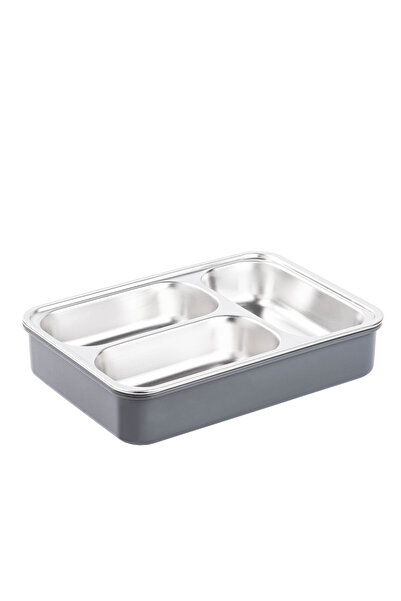 Tantitoni Tantitoni Gray Stainless Steel Rectangular 3 Compartment Food Carrying Container with Fork and Spoon 1.1L