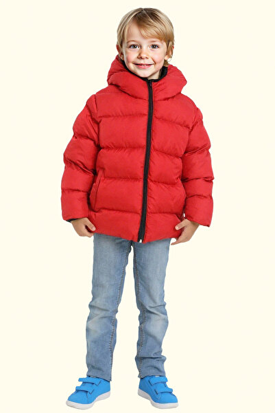 freemen Erkek Çocuk Kırmızı Polarlı Kapüşonlu Su Geçirmez Rüzgara Dayanıklı Şişme Kışlık Mont