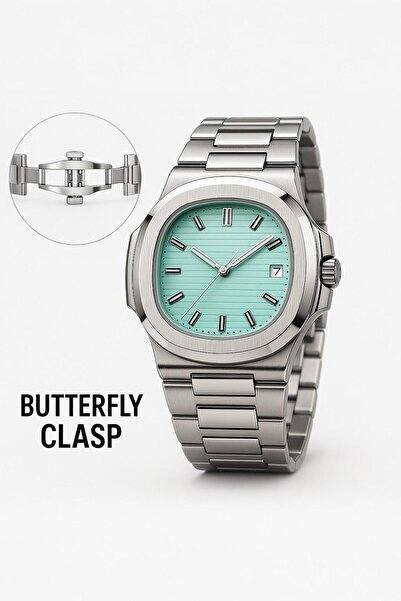 Eyiser Store Eşref Tek Turkuaz Kadranlı Quartz, Takvimli & Kelebek Klips Metal Erkek Kol Saati | Özel Kutusunda