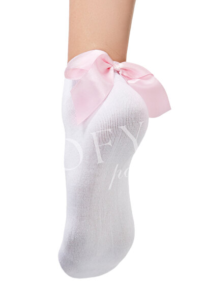 Sofya Passion Pink Bow Bamboo White Socks - Seamless Toe, Soft White Women's Socks