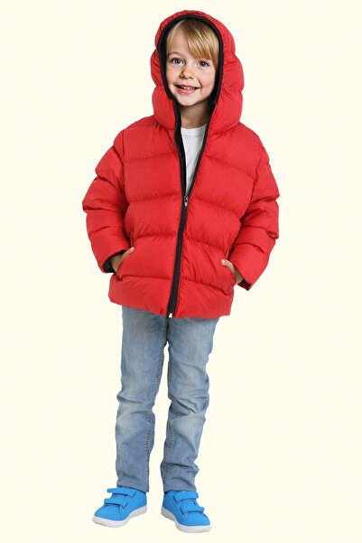 freemen Erkek Çocuk Kırmızı Polarlı Kapüşonlu Su Geçirmez Rüzgara Dayanıklı Şişme Kışlık Mont