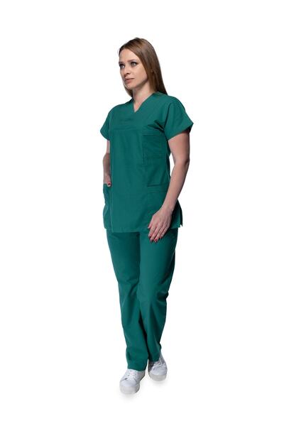 Sarıçiyil Üniforma زي طبيب ممرضة المستشفى برقبة على شكل حرف V وأكمام خفاش (غر...