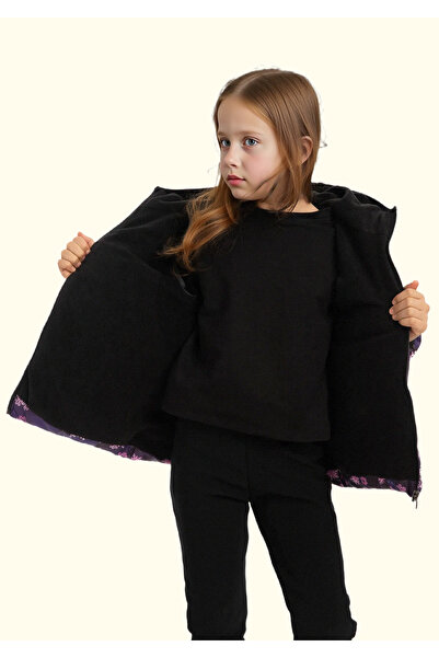 freemen Kız Çocuk Mor Kar Tanesi Desen Polar Su Ve Rüzgar Geçirmez Kapüşonlu Şişme Kışlık Mont