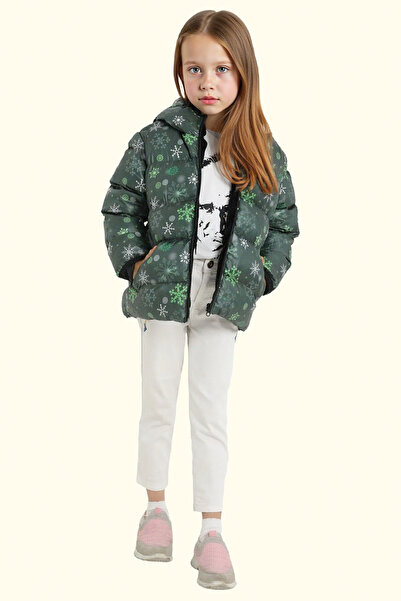 freemen Kız Çocuk Yeşil Kar Tanesi Desen Polar Su Ve Rüzgar Geçirmez Kapüşonlu Şişme Kışlık Mont