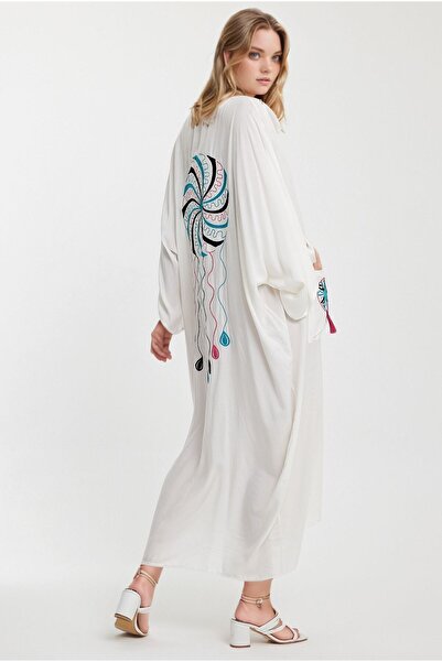 bacc White Embroidered Long Shirt Dress - Double Pocket, Loose Woven Bcvl-24948
