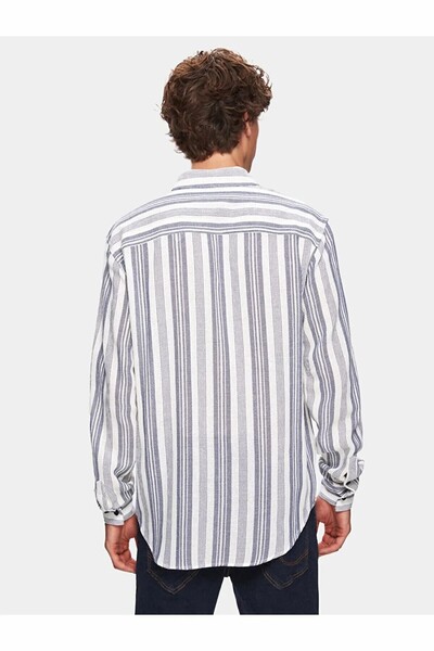 Ltb Keten Görünümlü Çizgili Relaxed Uzun Kollu Mavi Gömlek
