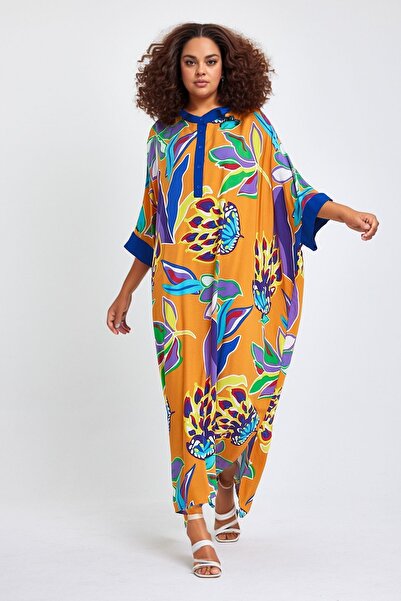 bacc Rochie țesătă lungă, portocaliu, cu guler de judecător, cu modele floral...