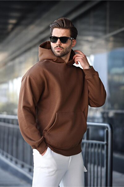 Madmext Ανδρικό φούτερ με καφέ κουκούλα και τσέπη καγκουρό E7169