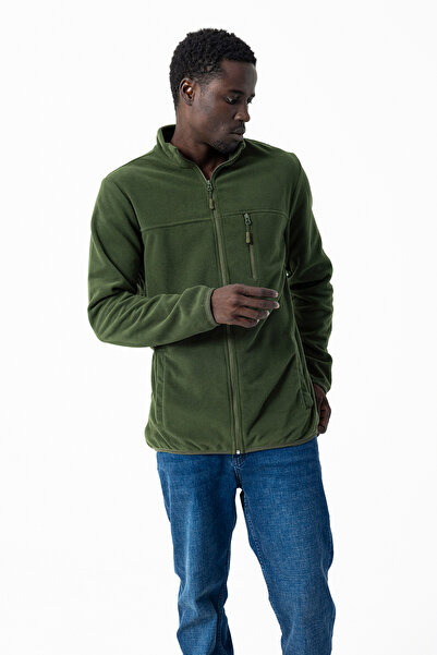 JB John Borners Men's Stand Collar Zippered Pocket Detailed Fleece Khaki - 6019