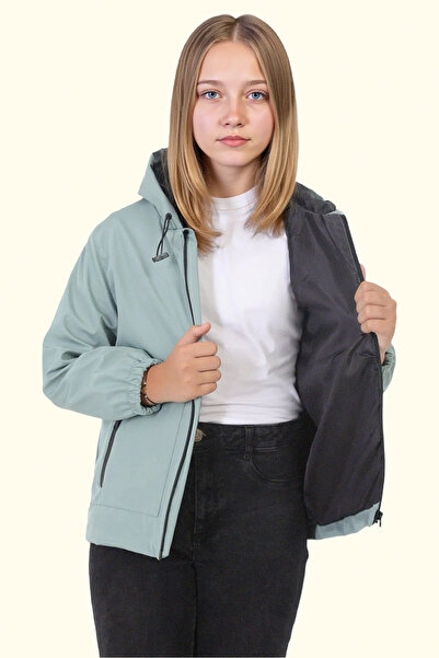 freemen Κοριτσίστικο αδιάβροχο με πράσινη επένδυση μέντας και αντιανεμικό αδιάβροχο με κουκούλα και διπλές τσέπες με φερμουάρ