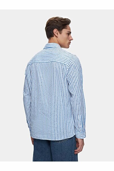 Ltb Keten Görünümlü Çizgili Regular Uzun Kollu Krem Gömlek