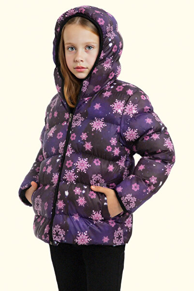 freemen Kız Çocuk Mor Kar Tanesi Desen Polar Su Ve Rüzgar Geçirmez Kapüşonlu Şişme Kışlık Mont
