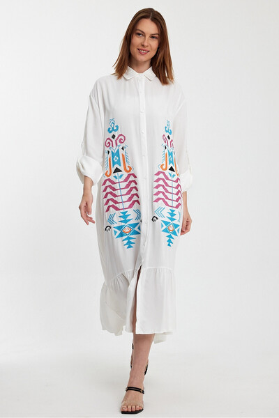 bacc Women's White Embroidered Long Length Woven Shirt Dress Bcvl-24954 Large Size Comfortable Fit