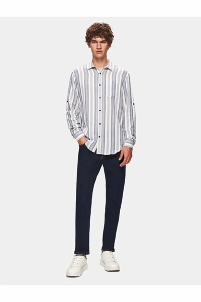 Ltb Keten Görünümlü Çizgili Relaxed Uzun Kollu Mavi Gömlek