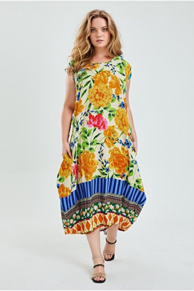 bacc Γυναικείο αμάνικο φόρεμα πορτοκαλί με λουλούδια με λαιμόκοψη - Bcvl- 241008