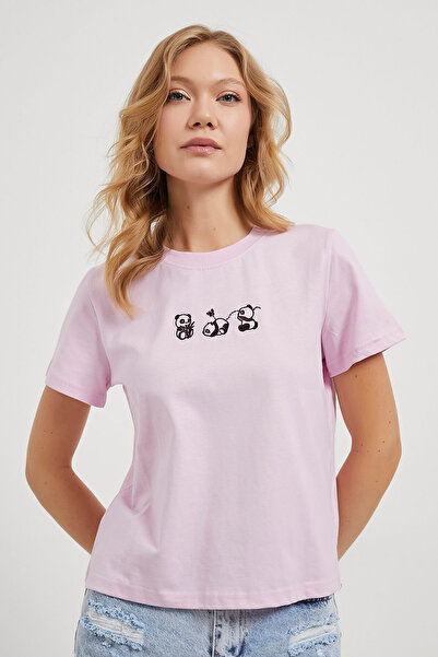 Arma Life Γυναικείο μπλουζάκι με σχέδιο Panda με λαιμόκοψη, ροζ χαλαρό μπλουζάκι