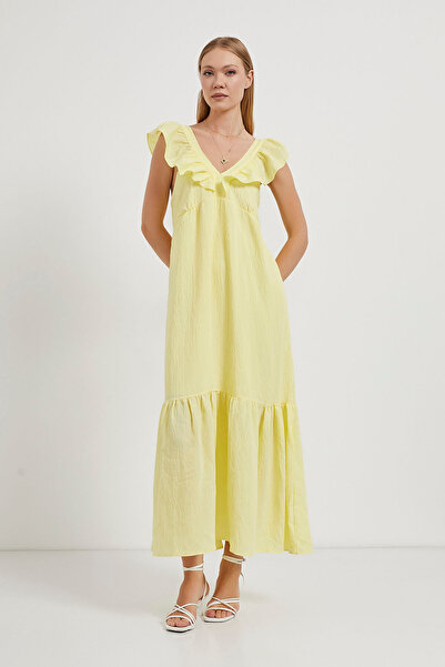 Arma Life Γυναικείο βολάν V λαιμόκοψη Αμάνικο φαρδύ κίτρινο μακρύ φόρεμα