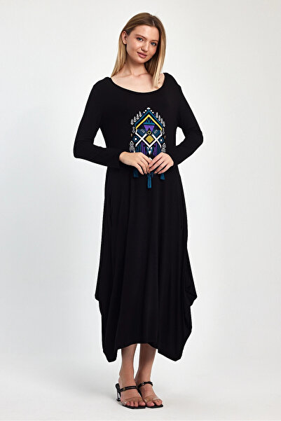 bacc Μαύρο μακρύ φόρεμα με κέντημα και φούντα - Διπλή τσέπη, μακρυμάνικο, Bcvl- 241006