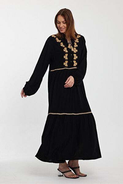 bacc Long Black Embroidered Women's Woven Dress - Bcvl-241005