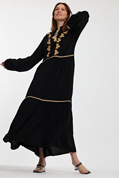 bacc Μακρύ μαύρο κεντημένο γυναικείο υφαντό φόρεμα - Bcvl- 241005