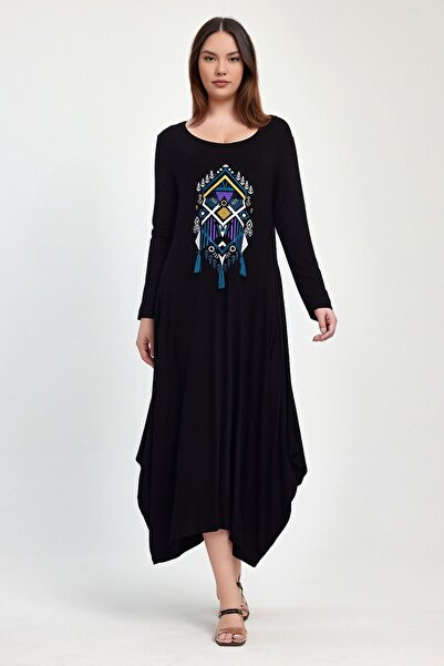 bacc Black Embroidered and Tassel Long Dress - Double Pocket, Long Sleeve, Bcvl-241006