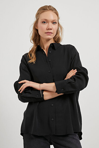Arma Life Women's Long Sleeve Basic Polo Neck Black Loose Shirt