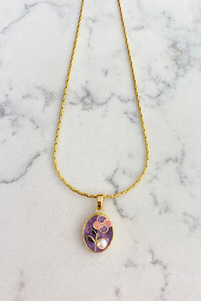 staınless steel İncili Mor Çiçekli Vintage Gold Çelik Kolye