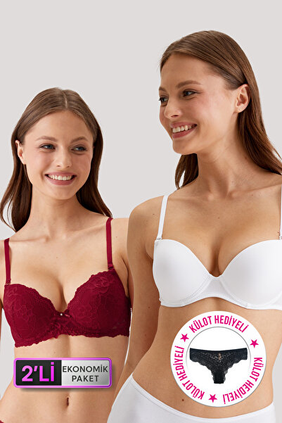 Pierre Cardin 2'li Ekonomik Paket Beyaz Bordo 6352-3 Milan Destekli Dantelli Ve Micro Sütyen Set