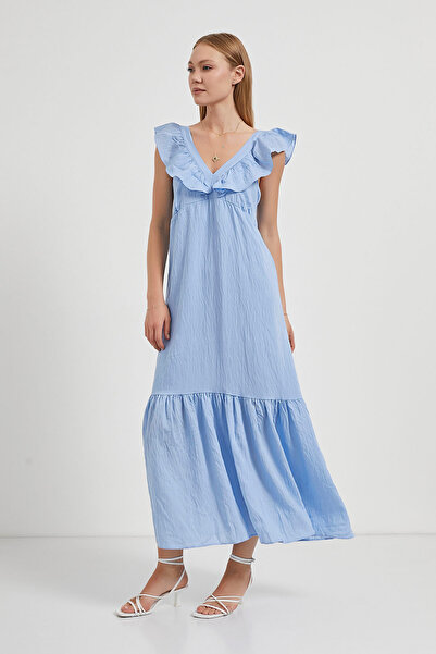 Arma Life Kadın Fırfırlı V Yaka Kolsuz Bol Mavi Uzun Elbise