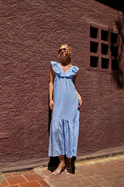 Arma Life Kadın Fırfırlı V Yaka Kolsuz Bol Mavi Uzun Elbise