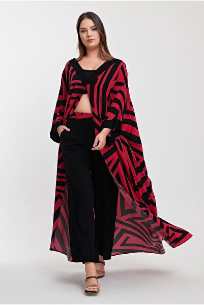 bacc Red Geometric Patterned Women's Pants and Kimono Jacket Set - BCVL-241015