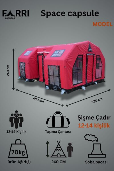 farrioutdoor 4 mevsim şişme çadır 16 m2 - 12 -14 kişi Uzay Kapsülü modeli kirmizi renk