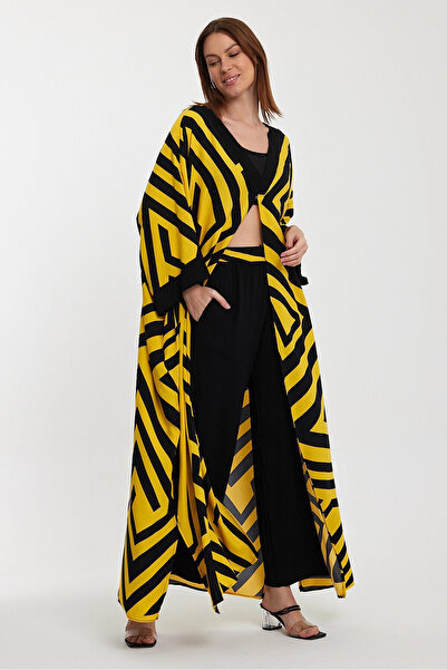 bacc Women's Yellow Geometric Patterned Trousers and Long Kimono Jacket Bottom Top Set Bcvl- 241015