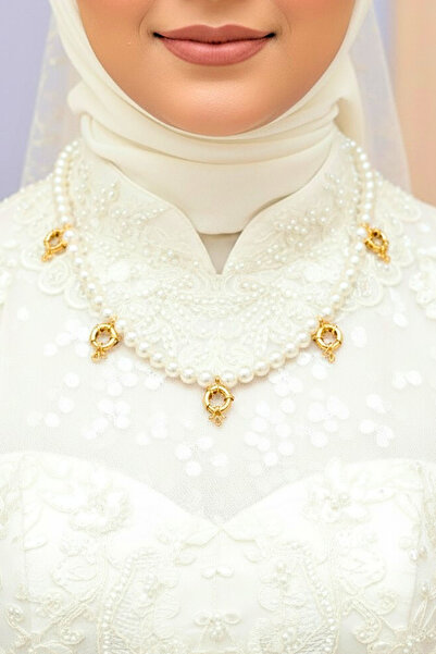 TwinsCollection Kulplu Takılan Altınlı Uyumlu 8mm İnci Boncuk 5'i Bir Yerde Kolye - Kulplu Beşi Bir Yerde İnci Kolye