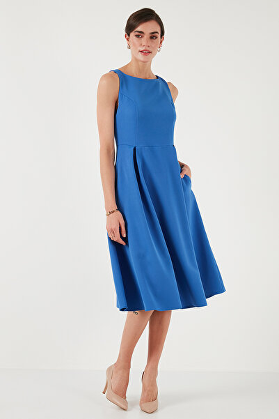 Lela Bisiklet Yaka Regular Fit Cepli Pileli Midi Elbise ELBİSE 6051963