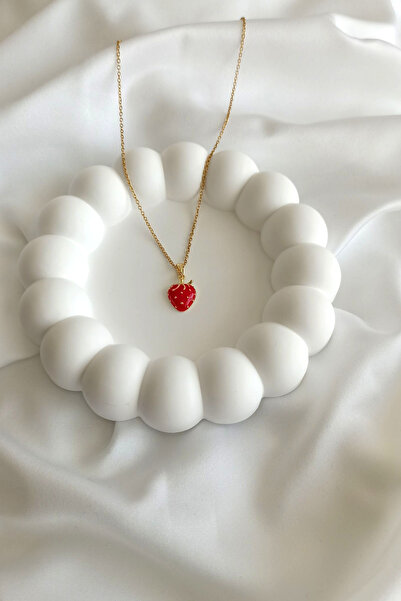 Tilde Minimalist Çilek Kolye Kırmızı Mineli Altın Rengi Çelik Kolye 45 cm Zincir