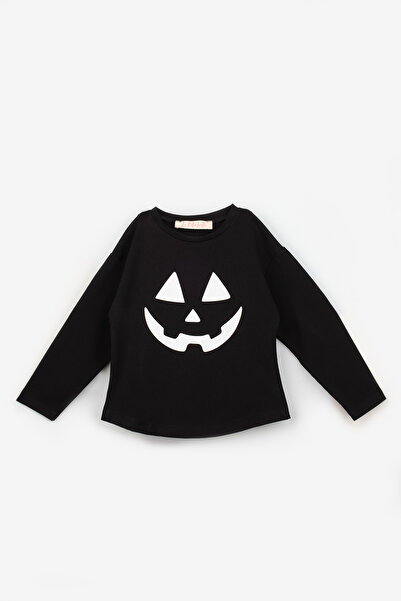 Le Mabelle Black Pumpkin Printed Halloween Girl's T-Shirt