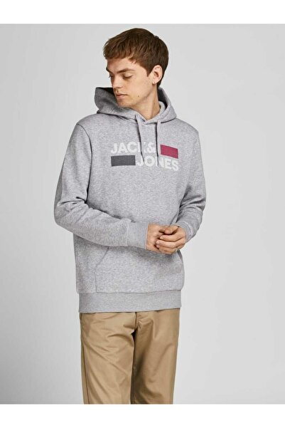 Jack & Jones Чоловічий сірий світшот з логотипом Jjecorp та капюшоном Noos 12152840-Lightgrey