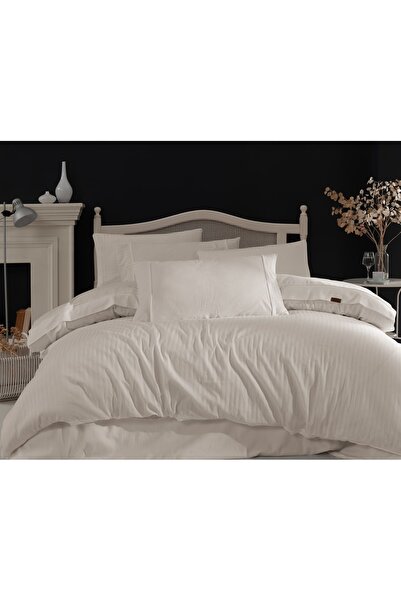 Majoli Opia 100% Cotton Satin Striped White Double Duvet Cover Set