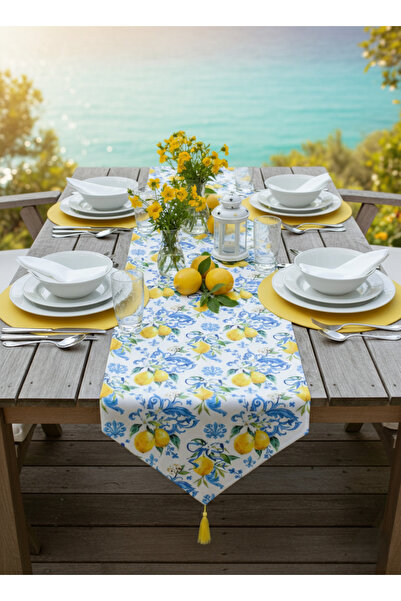 shopshop 7 Piece Lemon Pattern Tableware Presentation Set, 6 Pieces American Service Placemats, 1 Piece Tasseled Runner Cover Set