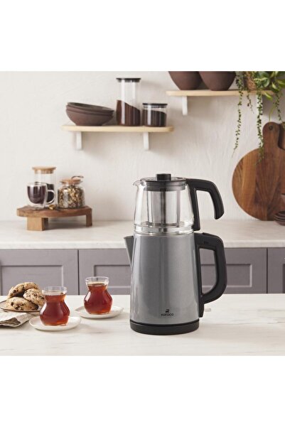 Karaca 2 in 1 Tea Maker with Glass Teapot and Kettle Stainless Steel Anthracite