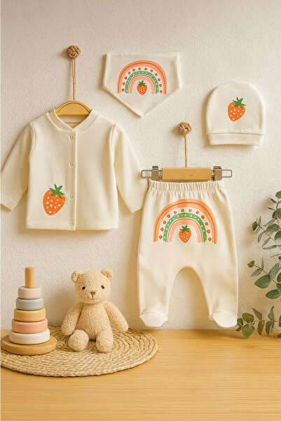 bebekpare Kız Bebek Hastane Çıkış Seti Çilek ve Gökkuşağı Desenli Doğal Pamuk...