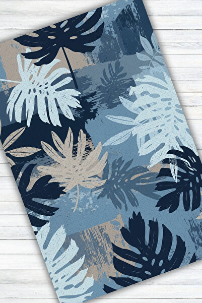 The Reef Design Mavi Bej Yapraklı Halı Dijital Baskılı Dokuma Kaymaz Tabanlı Yıkanabilir Yazlık Oturma Odası Halısı