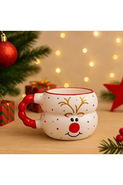 İZart Beaded Handle Year-End Themed Deer Patterned Custom Embossed Hand Embroidered Ceramic Mug